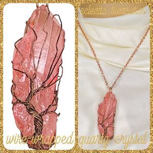 Tree of Life Wire-Wrapped Quartz Crystal Necklace, Rose Pink